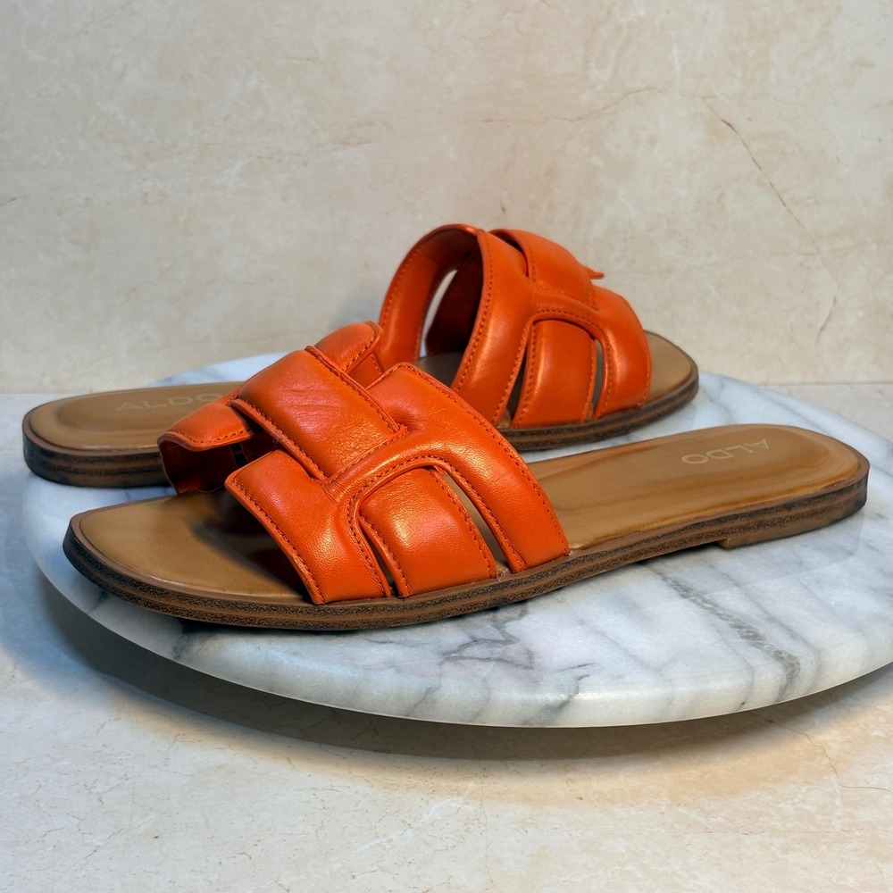 Aldo Flex Women Orange Padded H-Strap Flat Slide Sandals Square Toe Size 7 37.5